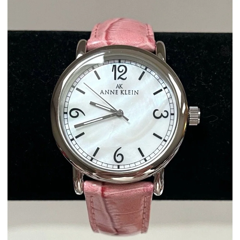 Anne Klein Watch Womens‎ Silver Pink Leather Strap Mother of Pearl Dial